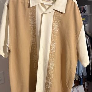 Cubavera Cream and Tan Embroidered Short Sleeve Shirt